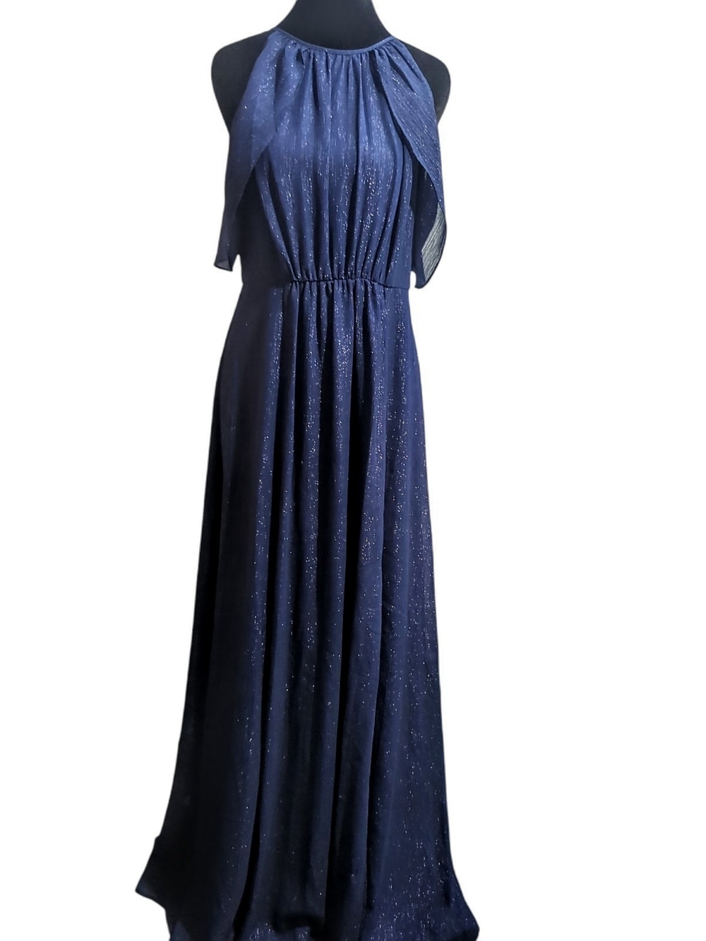 Halston Navy Metallic Shimmer Cape Sleeve Maxi Dress Size 4 Evening Formal Gown